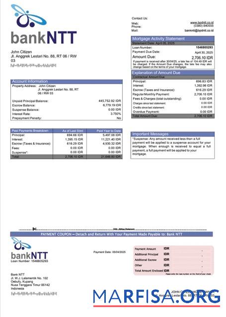 Bearbeitbar Indonesien Bank NTT┬áHypothek Kontoauszug Word and PDF Vorlage