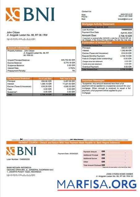 Hohe Qualität Indonesien Bank Negara Indonesien (BNI) Hypothek Kontoauszug Word and PDF Vorlage