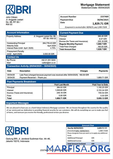 Premium Indonesien Bank Rakyat Indonesien (BRI) Hypothek Kontoauszug Word and PDF Vorlage