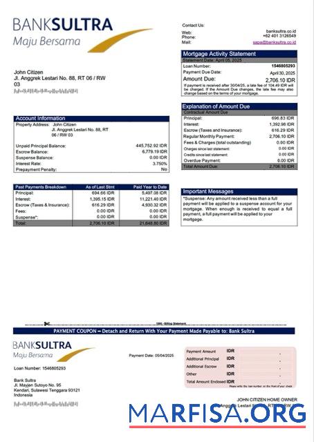 Bearbeitbar Indonesien Bank Sultra┬áHypothek Kontoauszug Word and PDF Vorlage