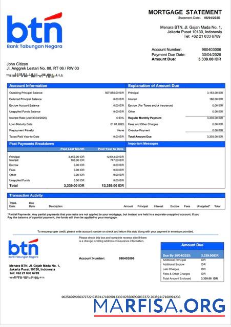 Realistisch Indonesien Bank Tabungan Negara (BTN) Hypothek Kontoauszug Word and PDF Vorlage