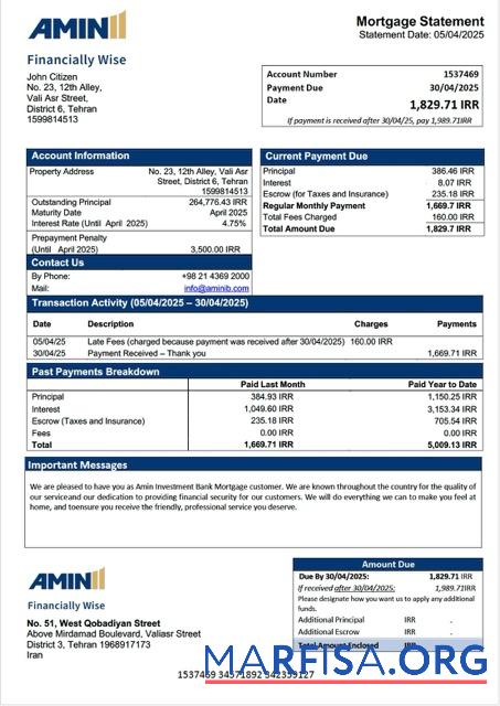 Bearbeitbar Iran Amin Investition Bank Hypothek Kontoauszug Word and PDF Vorlage