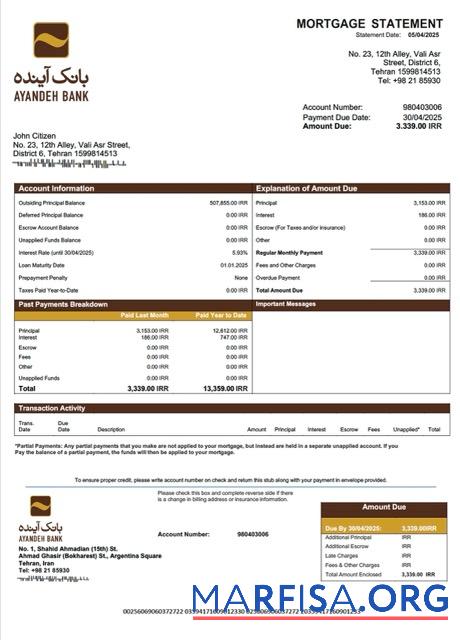 Hohe Qualität Iran Ayandeh Bank Hypothek Kontoauszug Word and PDF Vorlage