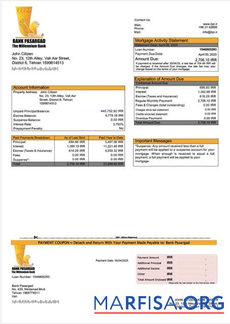 Professionell Iran Bank Pasargad Hypothek Kontoauszug Word and PDF Vorlage