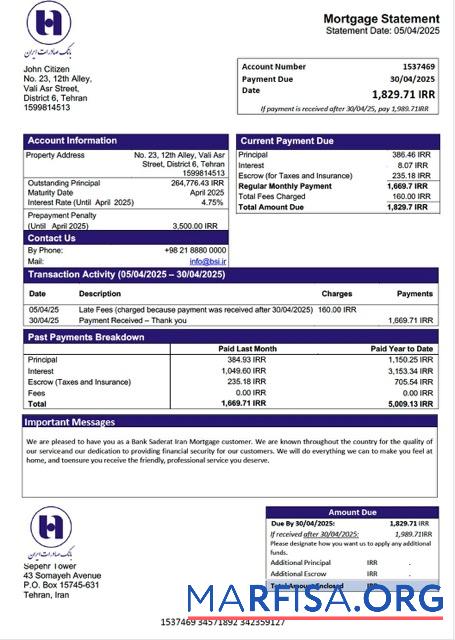 Hohe Qualität Iran Bank Saderat Iran Hypothek Kontoauszug Word and PDF Vorlage