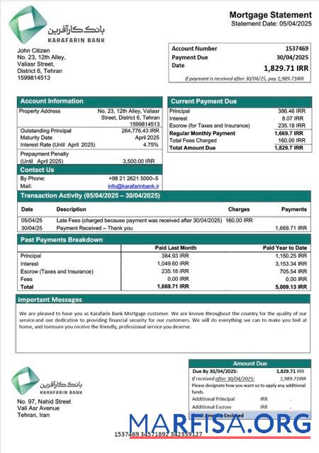 Professionell Iran Karafarin Bank Hypothek Kontoauszug Word and PDF Vorlage