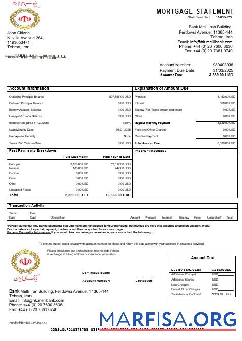 Iran Melli Bank Hypothek Kontoauszug in Word and PDF Formate Mockup