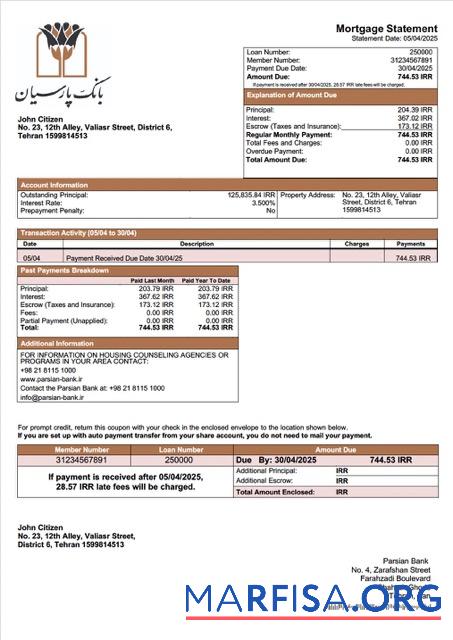 Professionell Iran Parsian Bank Hypothek Kontoauszug Word and PDF Vorlage