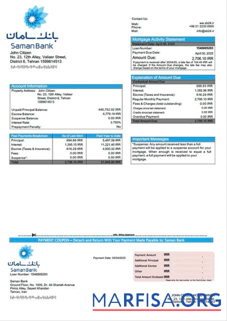 Hohe Qualität Iran Saman Bank Hypothek Kontoauszug Word and PDF Vorlage