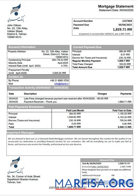 Professionell Iran Sarmayeh Bank Hypothek Kontoauszug Word and PDF Vorlage
