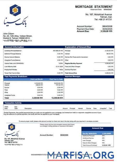 Bearbeitbar Iran Sina Bank Hypothek Kontoauszug Word and PDF Vorlage