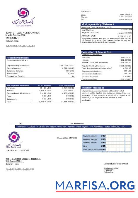 Iran Zamin Bank Hypothek Kontoauszug in Word and PDF Formate Vorlage