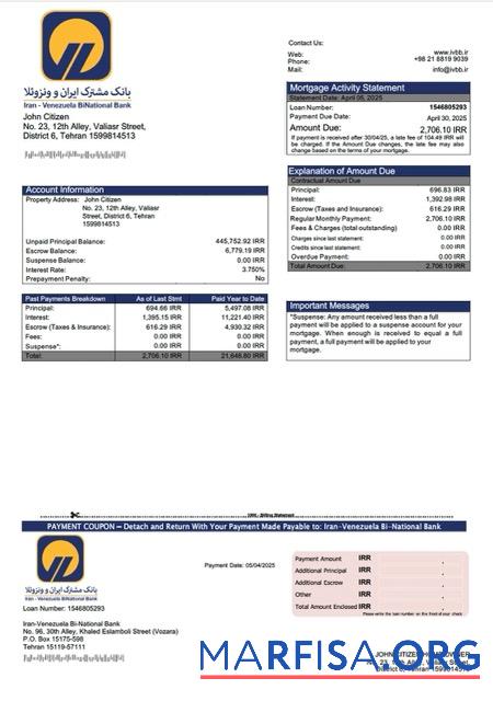Bearbeitbar Iran Venezuela Bi National Bank Hypothek Kontoauszug Word and PDF Vorlage