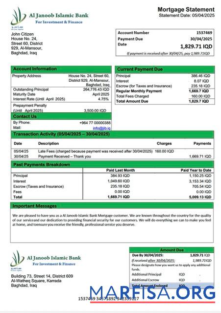 Professionell Irak Al Janoob Islamic Bank Hypothek Kontoauszug Word and PDF Vorlage