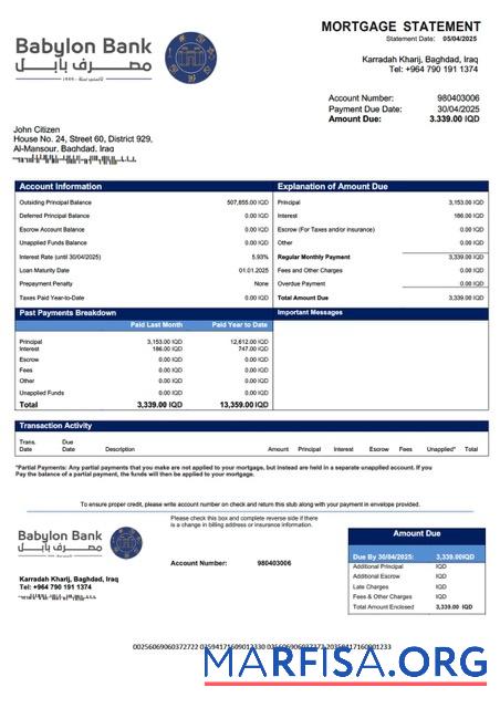 Professionell Irak Babylon Bank Hypothek Kontoauszug Word and PDF Vorlage