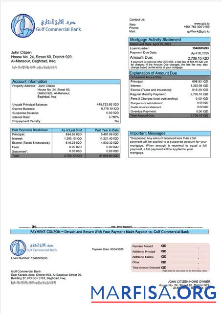 Premium Irak Gulf Kommerziell Bank Hypothek Kontoauszug Word and PDF Vorlage
