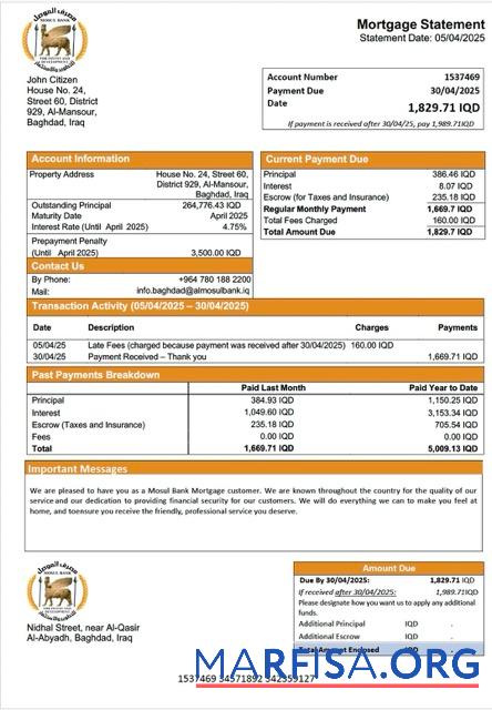 Professionell Irak Mosul Bank Hypothek Kontoauszug Word and PDF Vorlage