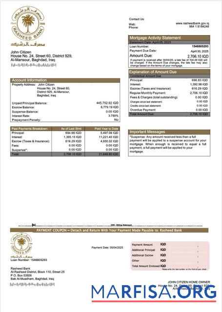 Hohe Qualität Irak Rasheed Bank Hypothek Kontoauszug Word and PDF Vorlage