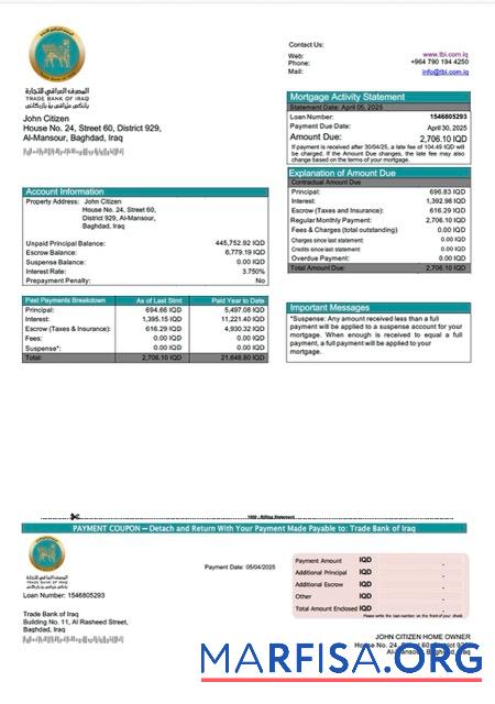 Hohe Qualität Irak Trade Bank of Irak Hypothek Kontoauszug Word and PDF Vorlage