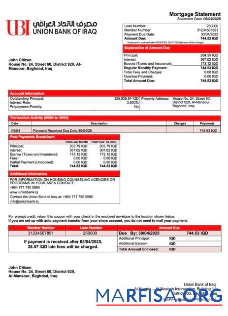 Hohe Qualität Irak Union Bank of Irak Hypothek Kontoauszug Word and PDF Vorlage