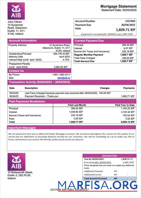 Realistisch Irland Allied Irish Banks Hypothek Kontoauszug Word and PDF Vorlage