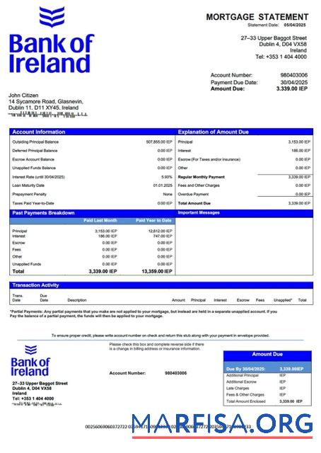 Hohe Qualität Irland Bank of Irland┬áHypothek Kontoauszug Word and PDF Vorlage