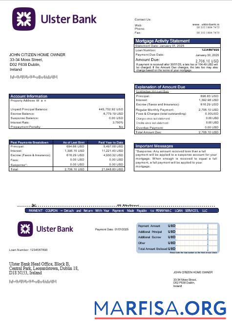 Irland Ulster Bank Hypothek Kontoauszug in Word and PDF Formate Vorschau