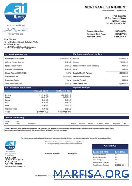 Bearbeitbar Israel Arab Israel Bank Hypothek Kontoauszug Word and PDF Vorlage