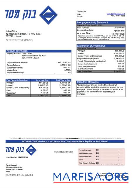 Hohe Qualität Israel Bank Massad Hypothek Kontoauszug Word and PDF Vorlage