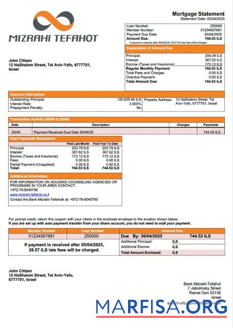 Realistisch Israel Bank Mizrahi Tefahot Hypothek Kontoauszug Word and PDF Vorlage
