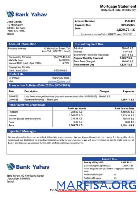 Premium Israel Bank Yahav Hypothek Kontoauszug Word and PDF Vorlage