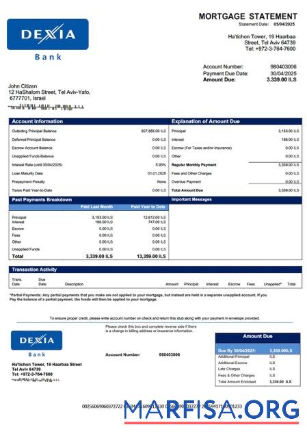 Bearbeitbar Israel Dexia Bank Hypothek Kontoauszug Word and PDF Vorlage