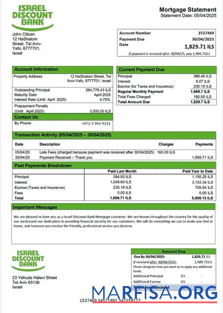 Professionell Israel Rabatt Bank Hypothek Kontoauszug Word and PDF Vorlage