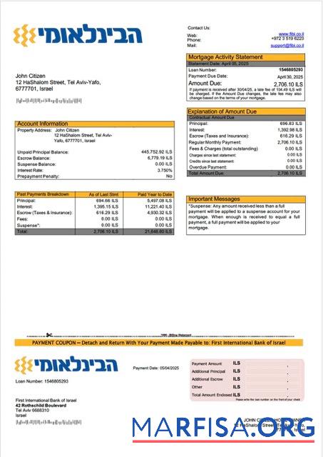 Bearbeitbar Israel First International Bank of Israel Hypothek Kontoauszug Word and PDF Vorlage