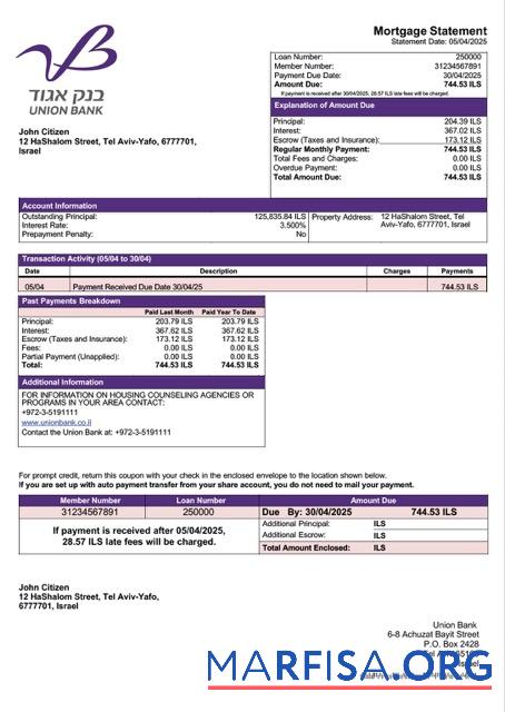 Bearbeitbar Israel Union Bank (Bank Igud) Hypothek Kontoauszug Word and PDF Vorlage