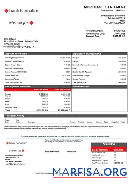 Professionell Israel┬áBank Hapoalim┬áHypothek Kontoauszug Word and PDF Vorlage