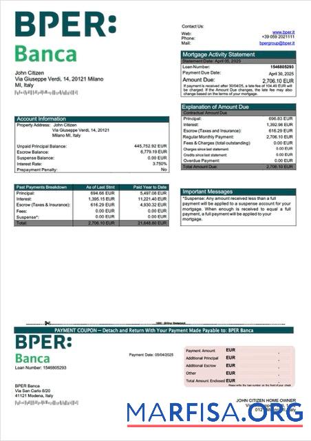 Realistisch Italien BPER Banca Hypothek Kontoauszug Word and PDF Vorlage