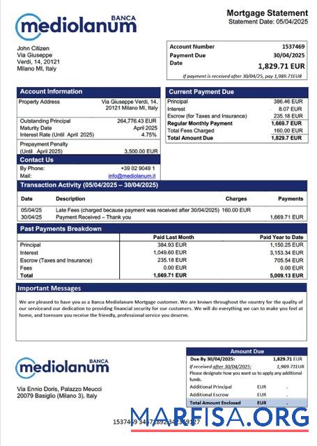 Bearbeitbar Italien Banca Mediolanum Hypothek Kontoauszug Word and PDF Vorlage
