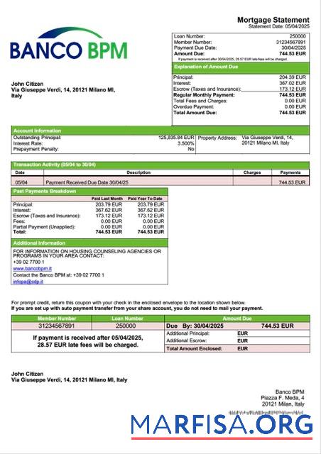 Hohe Qualität Italien Banco BPM Hypothek Kontoauszug Word and PDF Vorlage