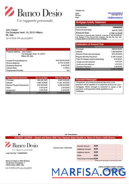 Realistisch Italien Banco di Desio e della Brianza Hypothek Kontoauszug Word and PDF Vorlage