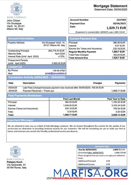 Bearbeitbar Italien Bank of Italien Hypothek Kontoauszug Word and PDF Vorlage