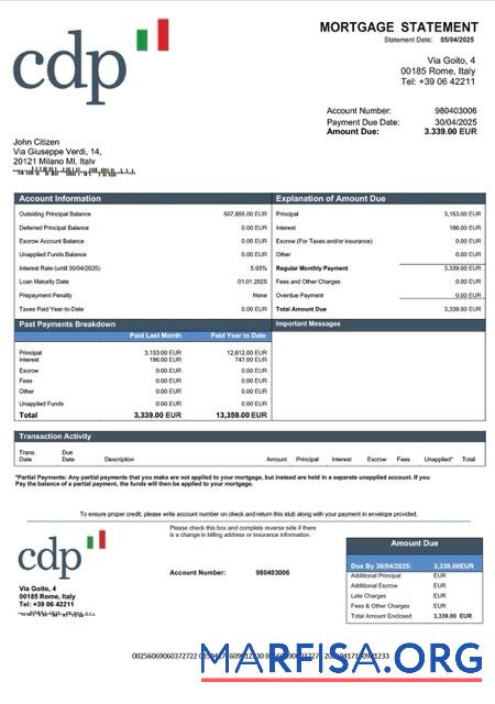 Professionell Italien Cassa Depositi e Prestiti Hypothek Kontoauszug Word and PDF Vorlage