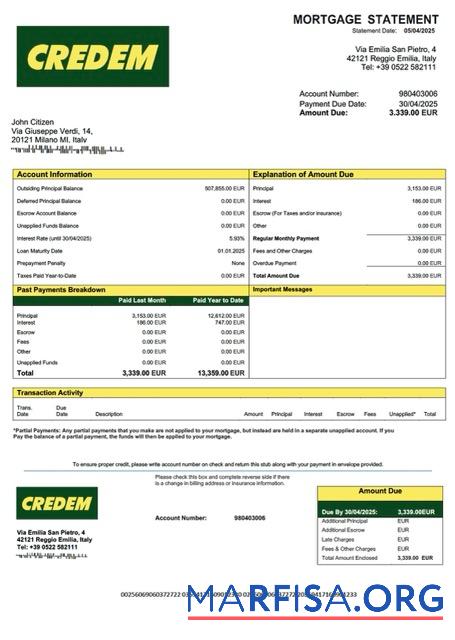 Realistisch Italien Credito Emiliano Hypothek Kontoauszug Word and PDF Vorlage