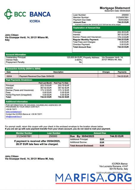 Premium Italien ICCREA Banca Hypothek Kontoauszug Word and PDF Vorlage