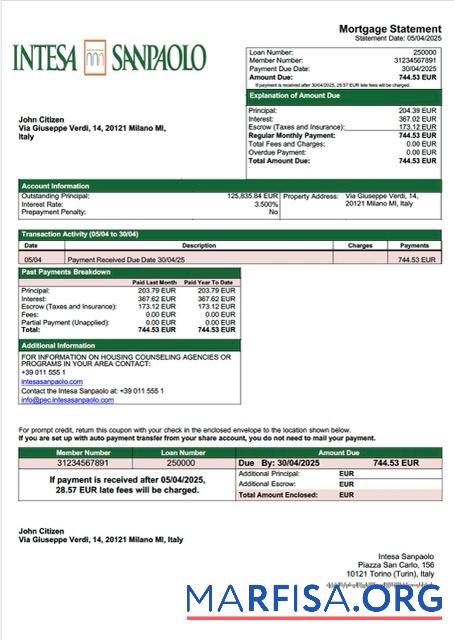 Premium Italien Intesa Sanpaolo Hypothek Kontoauszug Word and PDF Vorlage