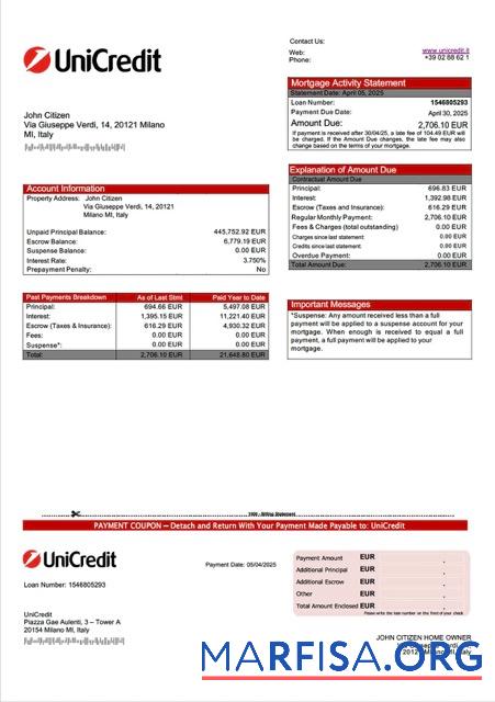 Realistisch Italien UniCredit Hypothek Kontoauszug Word and PDF Vorlage