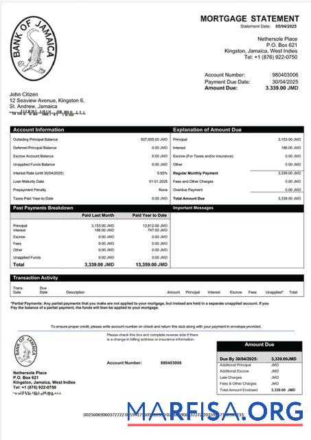 Hohe Qualität Jamaika Bank of Jamaika Hypothek Kontoauszug Word and PDF Vorlage