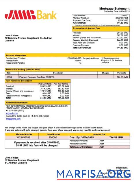 Realistisch Jamaika JMMB Bank Limited Hypothek Kontoauszug Word and PDF Vorlage