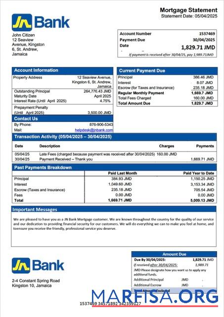 Premium Jamaika National Bank (JN Bank)┬áHypothek Kontoauszug Word and PDF Vorlage
