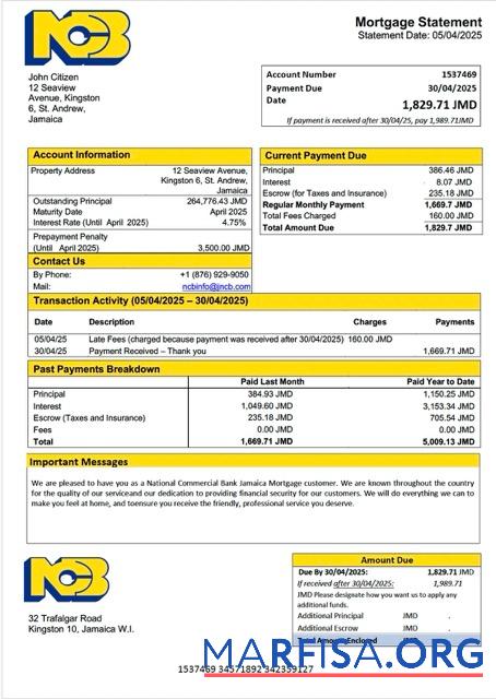 Hohe Qualität Jamaika National Kommerziell Bank Jamaika Limited (NCB) Hypothek Kontoauszug Word and PDF Vorlage
